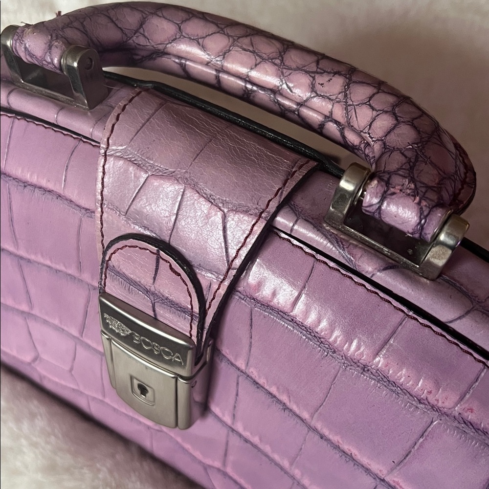 BOSCA Embossed Croc Full Grain Italian Leather Top Handle Bag in Lavender RARE - Picture 4 of 16